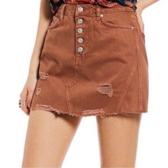 Free People We the Free Rust Orange Distressed Denim Jean Skirt Size 26 - Picture 1 of 9